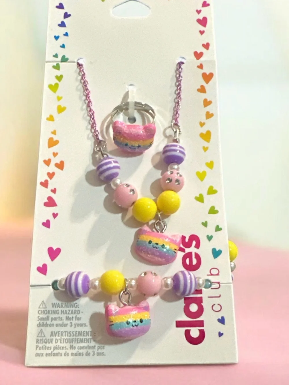 Claires Pink Rainbow Heart Jewelry Set 1042
